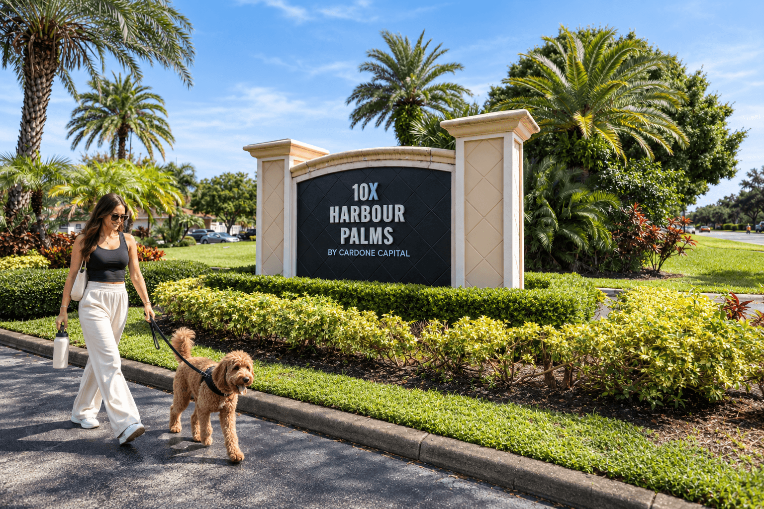 A woman walking her dog in front of a sign that says 10x Harbour Palms.